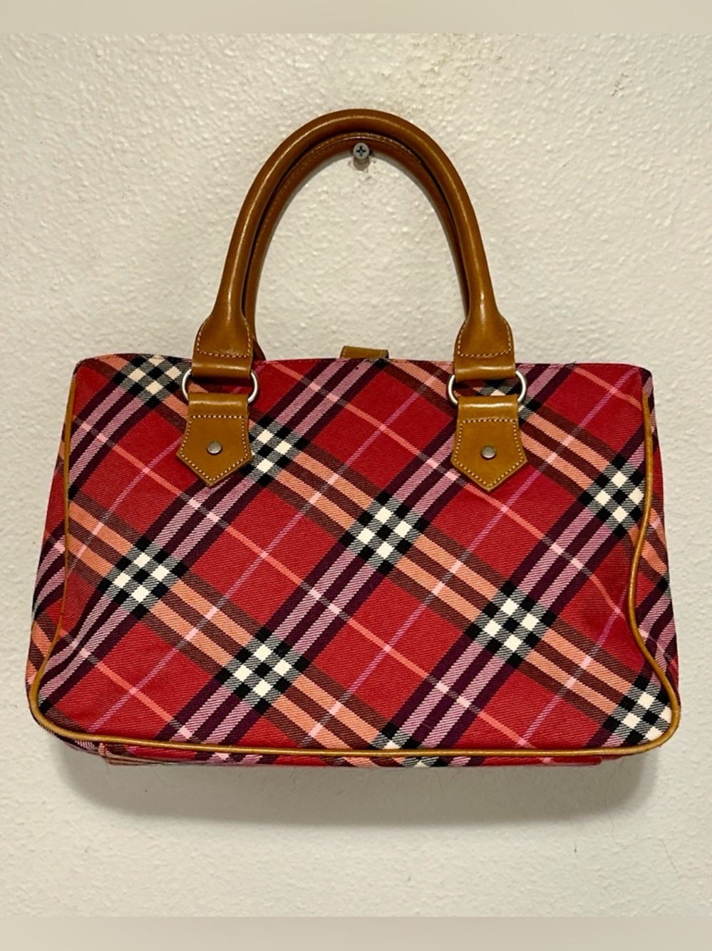 BURBERRY Blue Label Nova Check Plaid Tote Bag Canvas & Leather Red Tan w/ COA